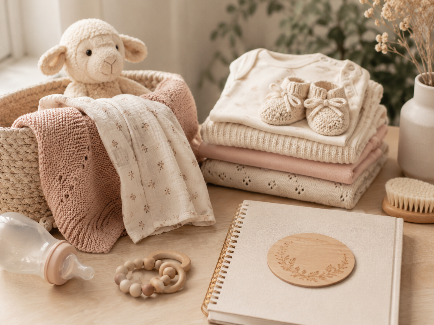 Cozy motherhood workspace with soft nursery tones