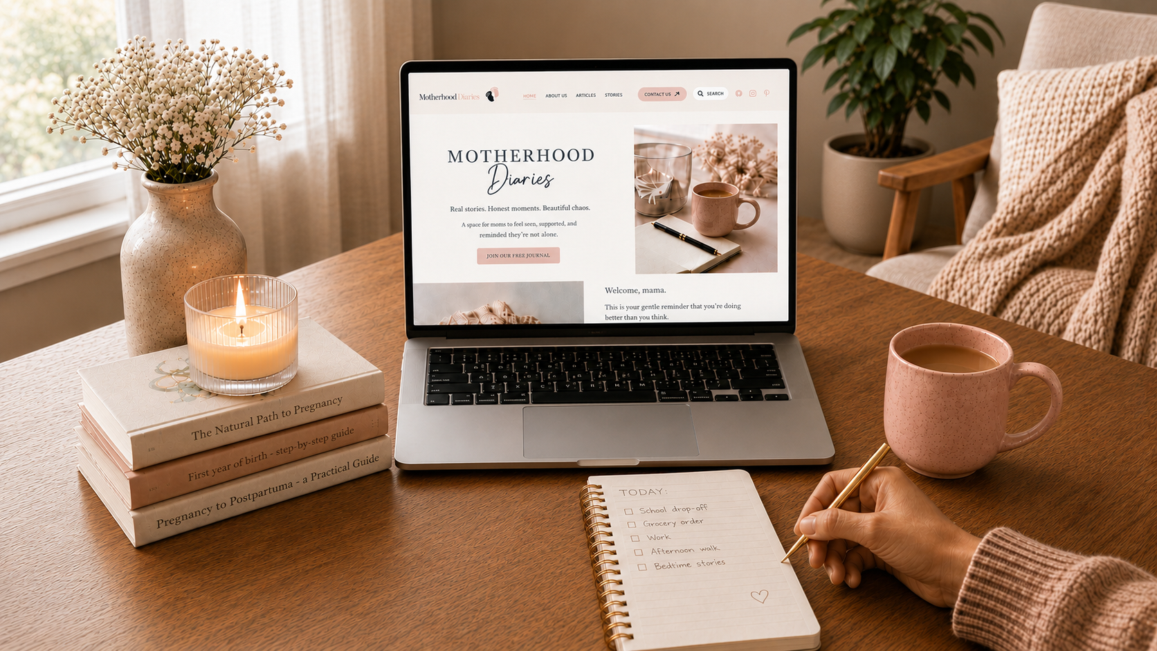 Mother researching motherhood topics