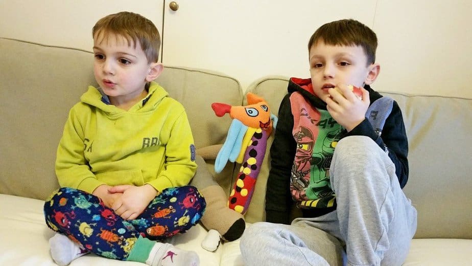 My 4 and 6 year old boys sitting with BatCat on the couch - Petpal UK - mtoherhooddiaries