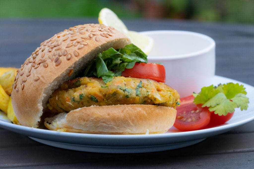 HelloFresh Indian Style Chickpea and Pistachio Burger with Turmeric Wedges