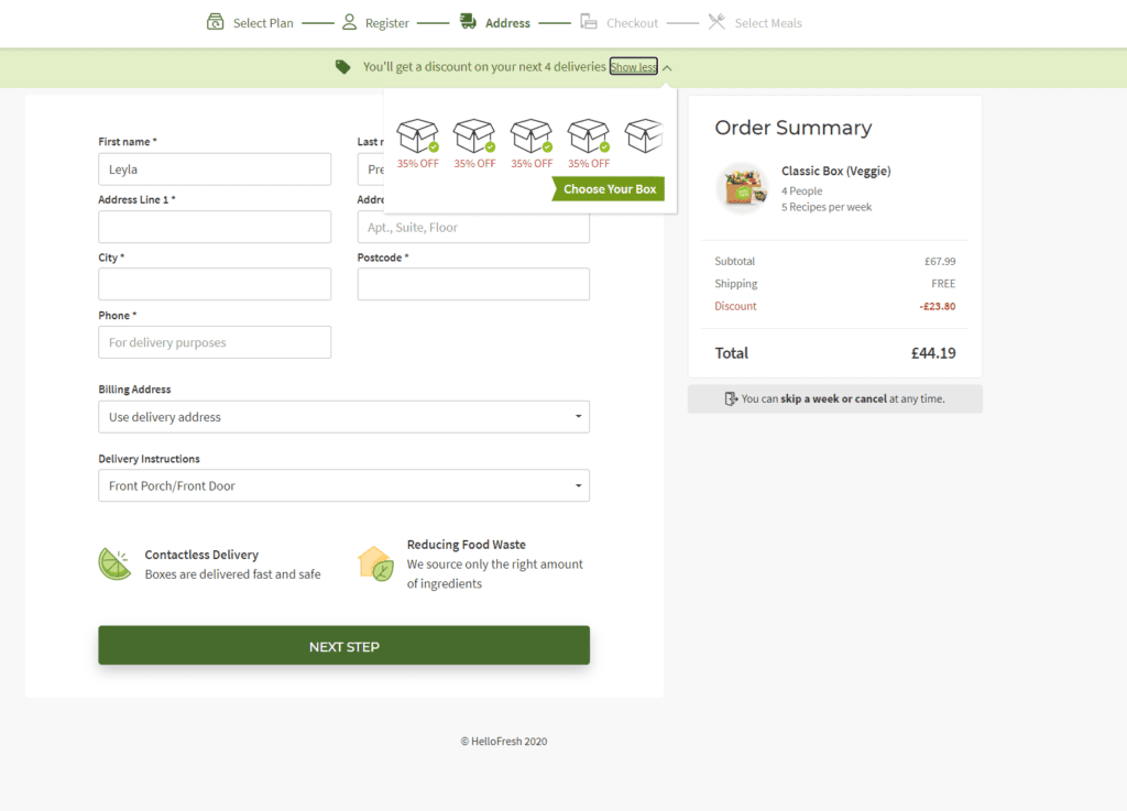 Add your address and details to sign up to HelloFresh