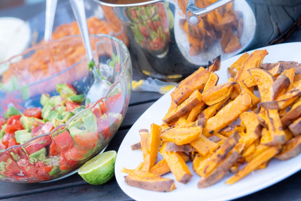 Veggie Chilli Loaded Sweet Potato Fries with Limey Tomato and Avo Salsa