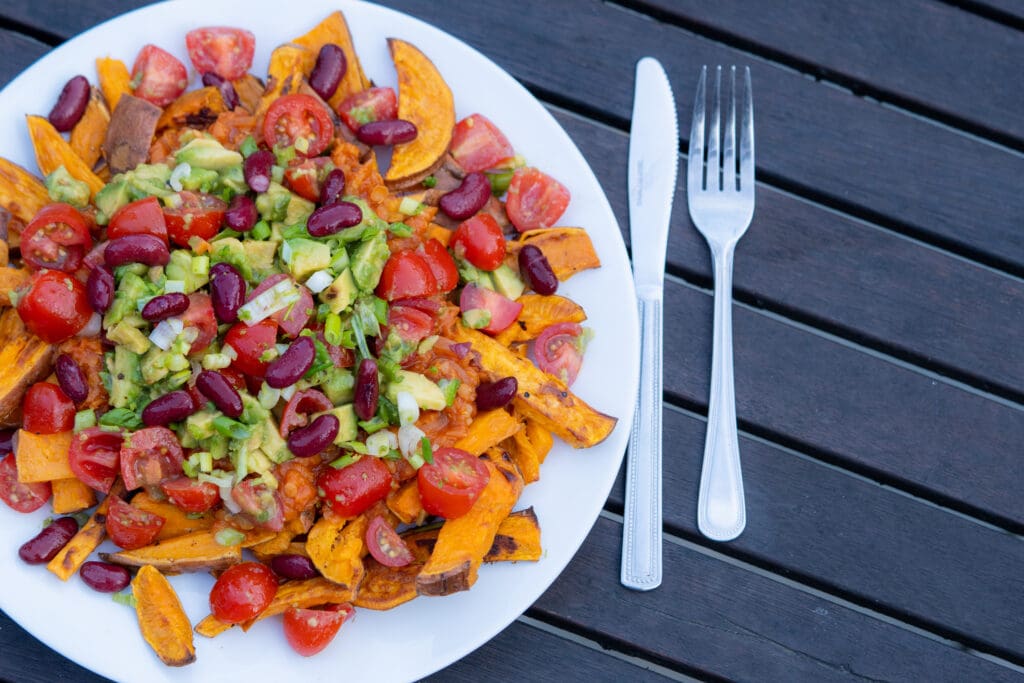 Veggie Chilli Loaded Sweet Potato Fries with Limey Tomato and Avo Salsa
