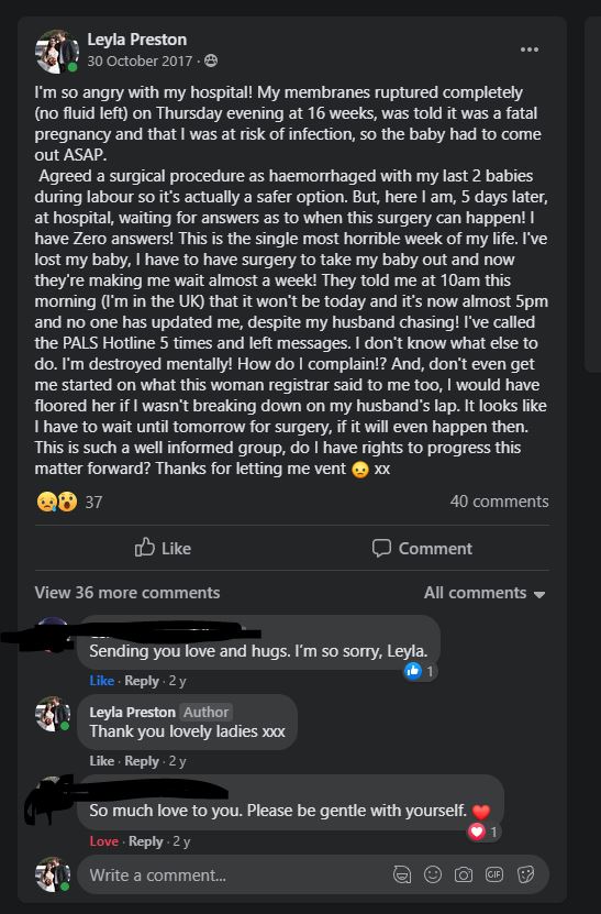 Upset and desperate - reaching out on Facebook after PPROM