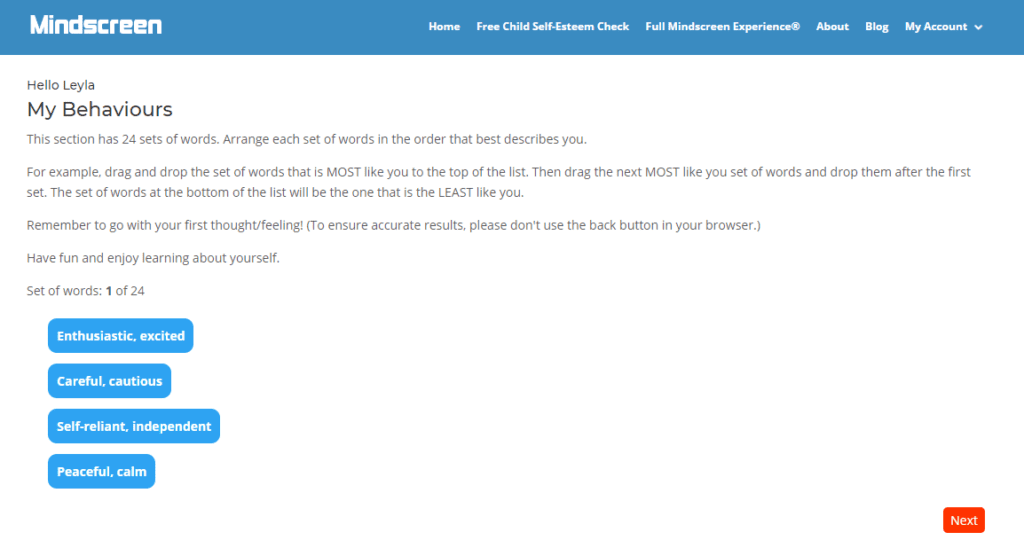 Mindscreen questionnaire - My behaviours - How to spot the signs of low self-esteem in your child - Mindscreen Review - Part 1