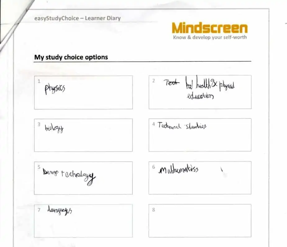 My study choice options