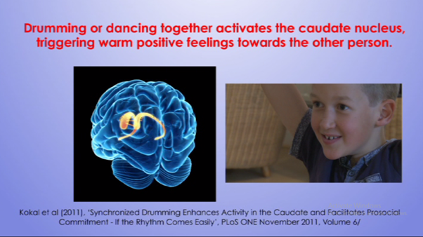 Drumming or dancing together activates the caudate nucleus triggering warm positive feelings towards the other person.