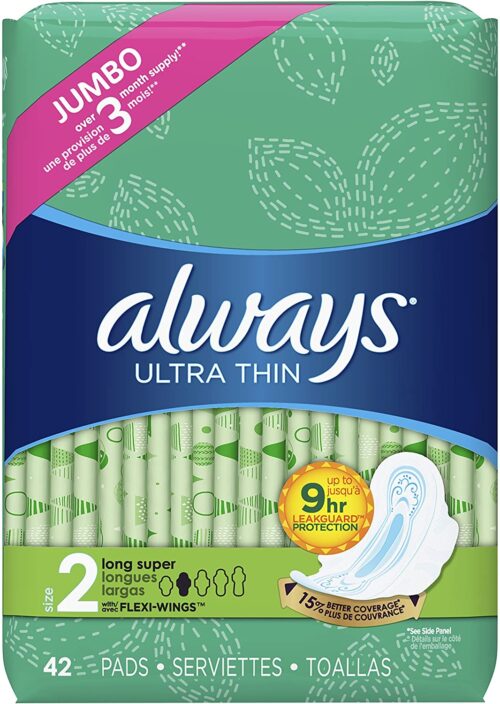 Always Ultra Thin Feminine Pads for Women, Size 2, Super Absorbency, with Flexi-Wings, Unscented, 42 Count