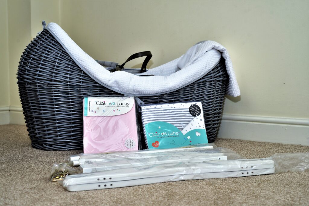 Clair De Lune Grey Wicker Noah Pod® Over the Moon - Wicker Moses Basket with Stand review (photo by tomasprestonphotography.com)