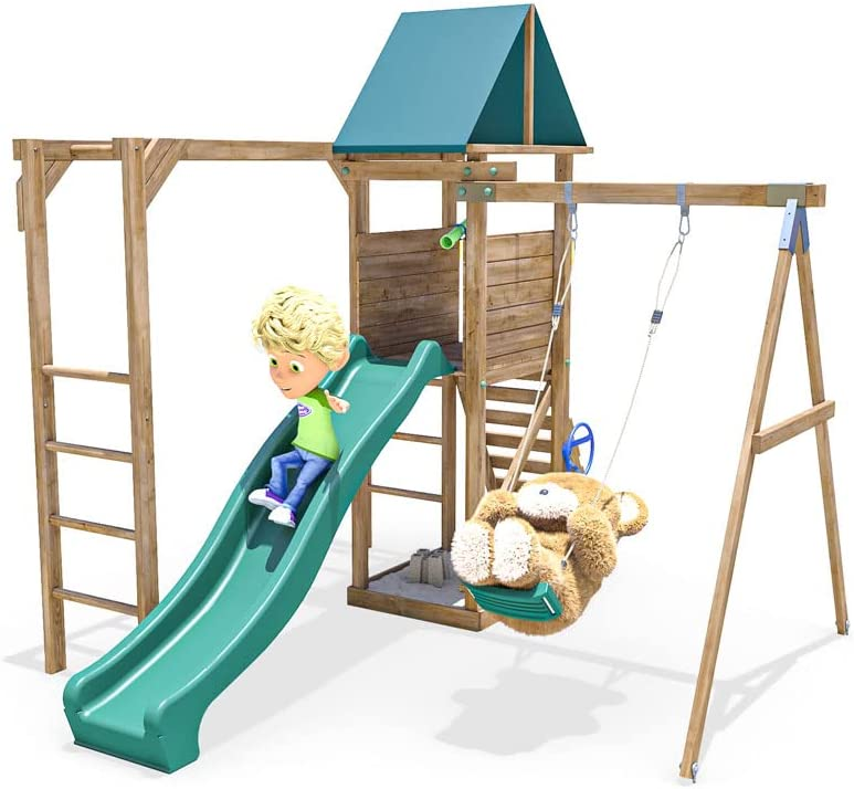 Monkey Bars Climbing Frame Pressure Treated Playhouse Wave Slide Swing Set - MonkeyFort® Wilderness