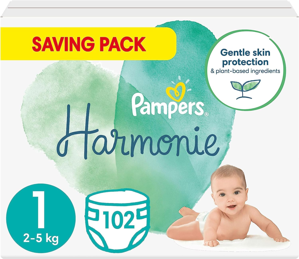 Pampers Baby Nappies Size 1 (2-5 kg / 4-11 lbs), Harmonie, 102 Nappies, SAVING PACK, Baby Essentials For Newborn